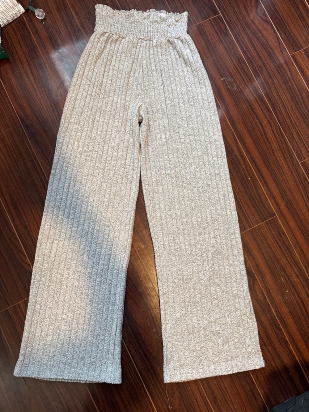 High Waist Wide Leg Ribbed Knit Pants - Light Gray